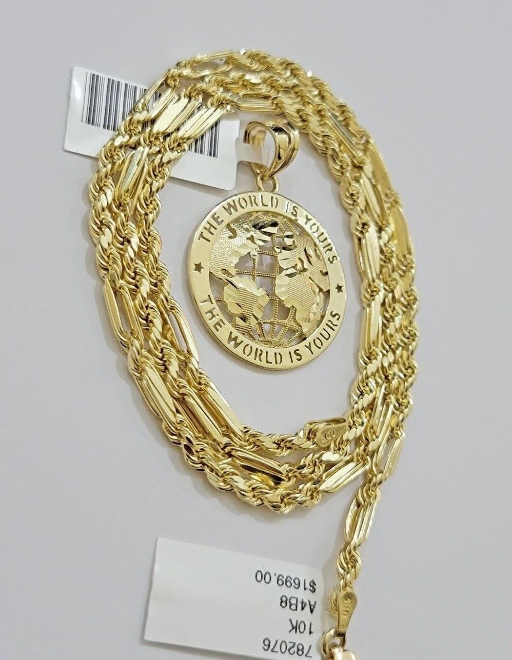 Real 10kt Gold Milano Rope Chain World Map Charm Pendant Set 18 - 24 Inch Necklace - GoldenlinQ